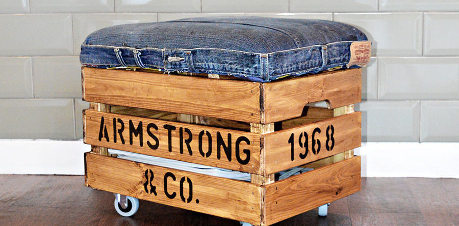 Personalized DIY Ottoman Using Jeans and a Wooden Crate