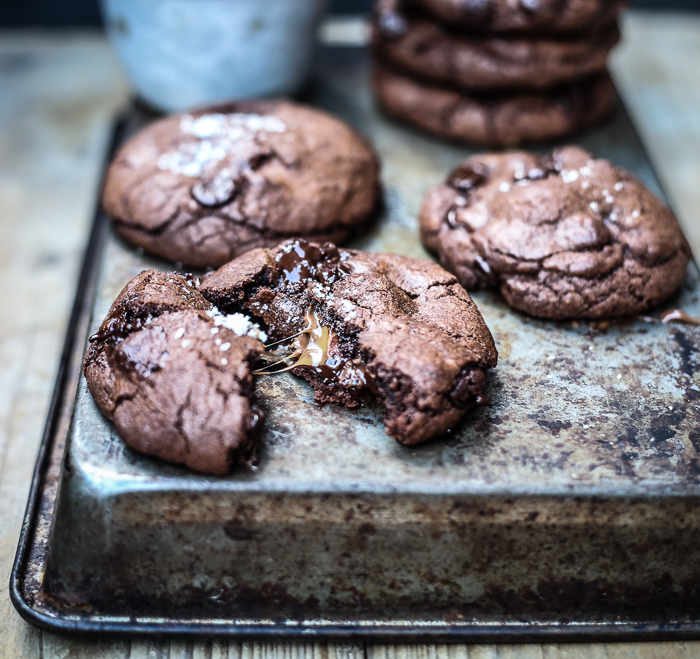 SALTED CARAMEL + NUTELLA STUFFED DOUBLE CHOCOLATE CHIP COOKIES 