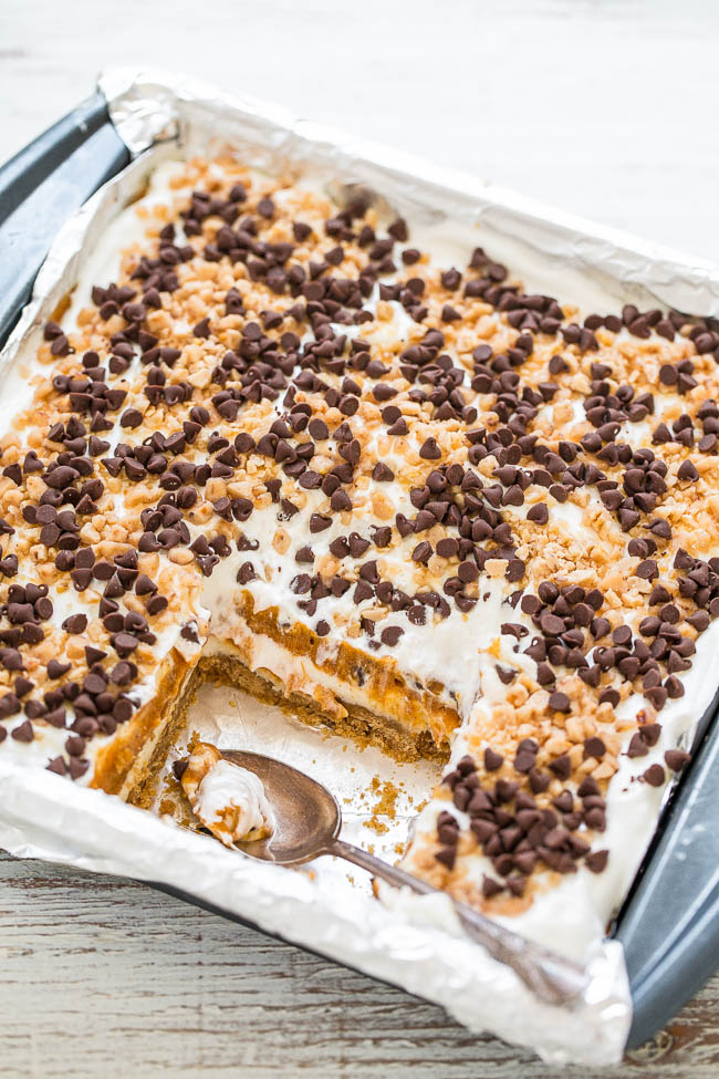 Pumpkin lush with whipped topping, chocolate chips, and toffee bits