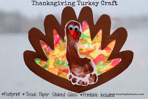 footprint and tissue paper stained glass thanksgiving turkey