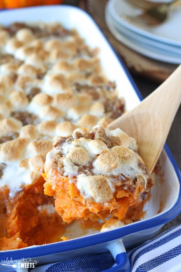 Sweet potato casserole topped with toasted marshmallows and brown sugar streusel