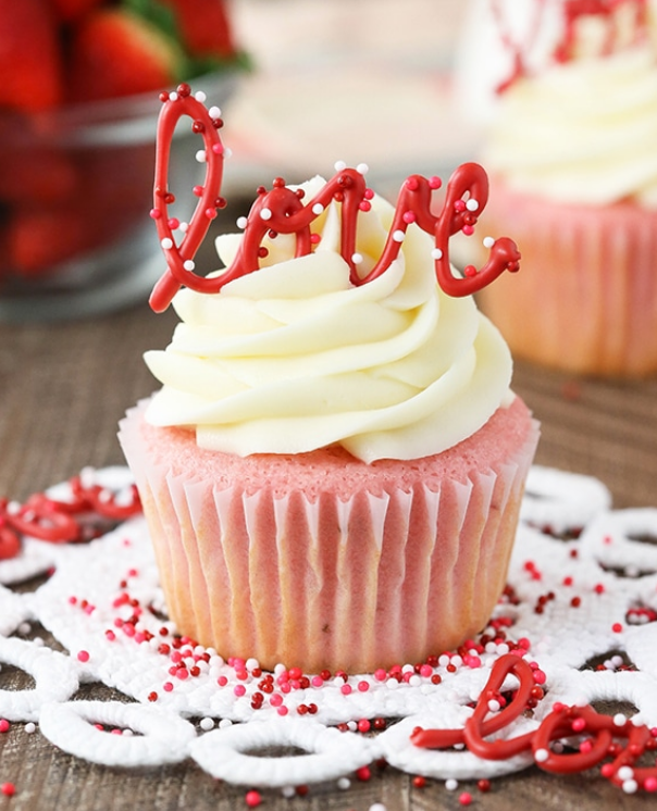 Strawberry Cupcakes with cream cheese frosting with love topper