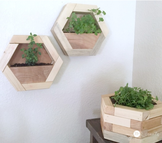 Hexagon shaped planters made with scrap wood