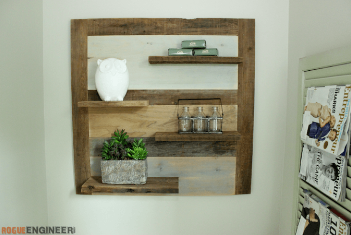  scrap wood shelf with different kinds of decor on it