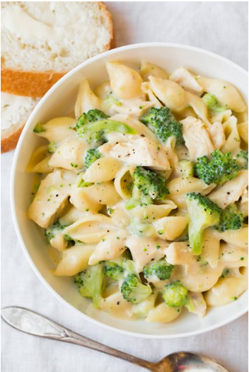 A creamy broccoli chicken shells and cheese filling for dinner