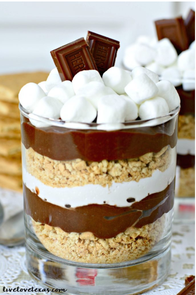 No cook s'mores parfait topped with Hershey's chocolate and marshmallows