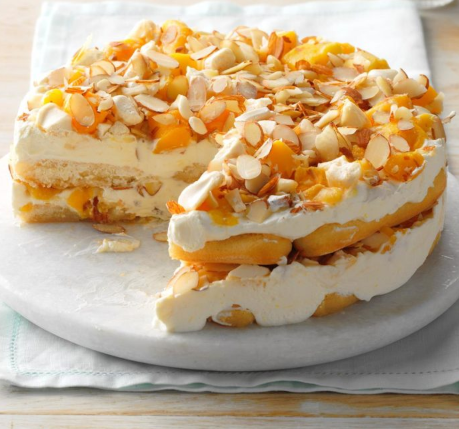 Mango almond icebox cake it has loaded of almonds and mango on top