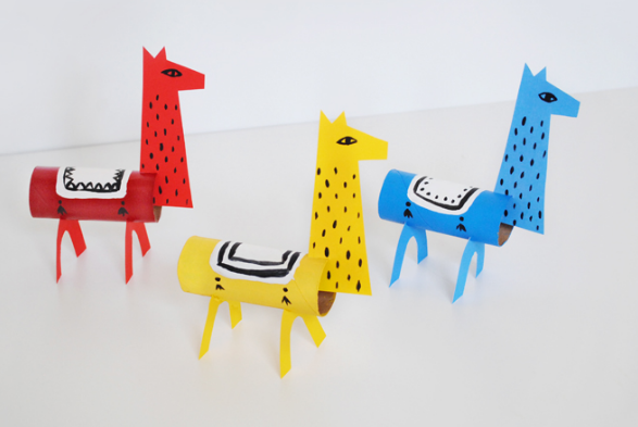 Red, yellow, and blue paper roll llama