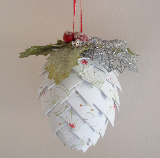 DIY PAPER PINECONE ORNAMENTS made with cut-up ribbon or paper pinned onto a Styrofoam egg