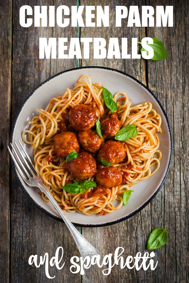 A plate of chicken parmesan meatballs with spaghetti