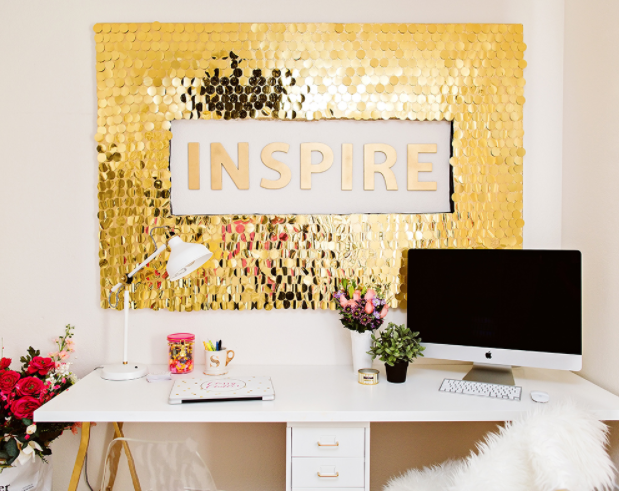 Gold sequins wall art with a saying Inspire