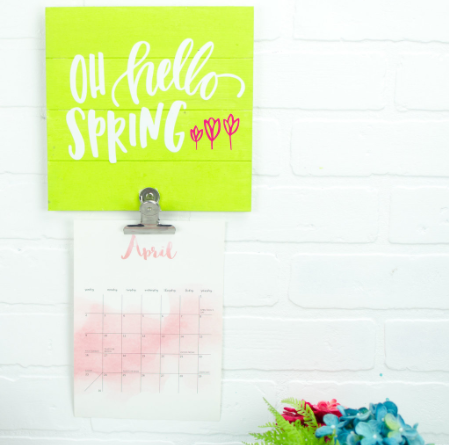 Vinyl Die Cut Spring Calendar Holder - says Oh Hello Spring on it and has a few little tulips added