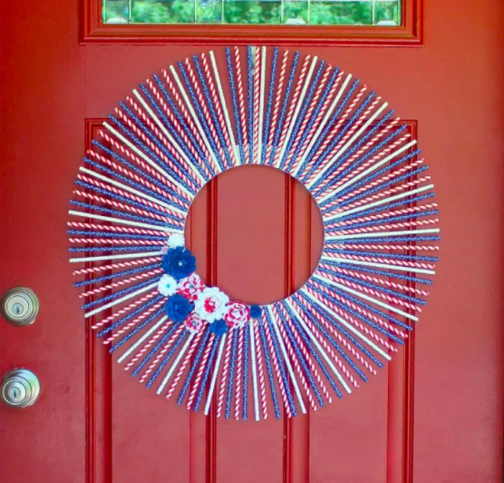 Patriotic straw wreath with paper flowers home decor holiday craft
