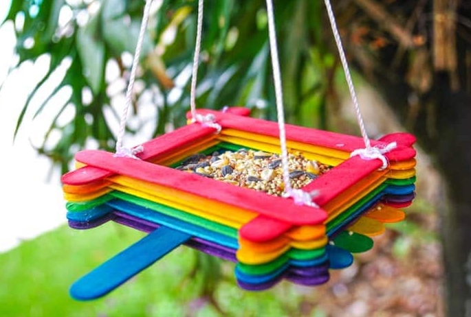fun and colorful popsicle stick bird feeder craft
