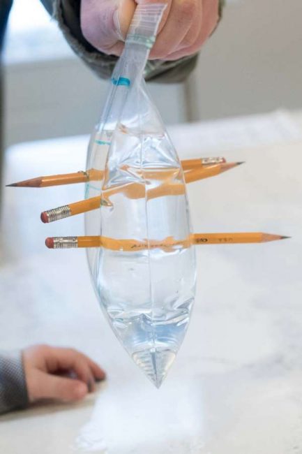 Um saco plástico cheio de água picado com 3 lápis