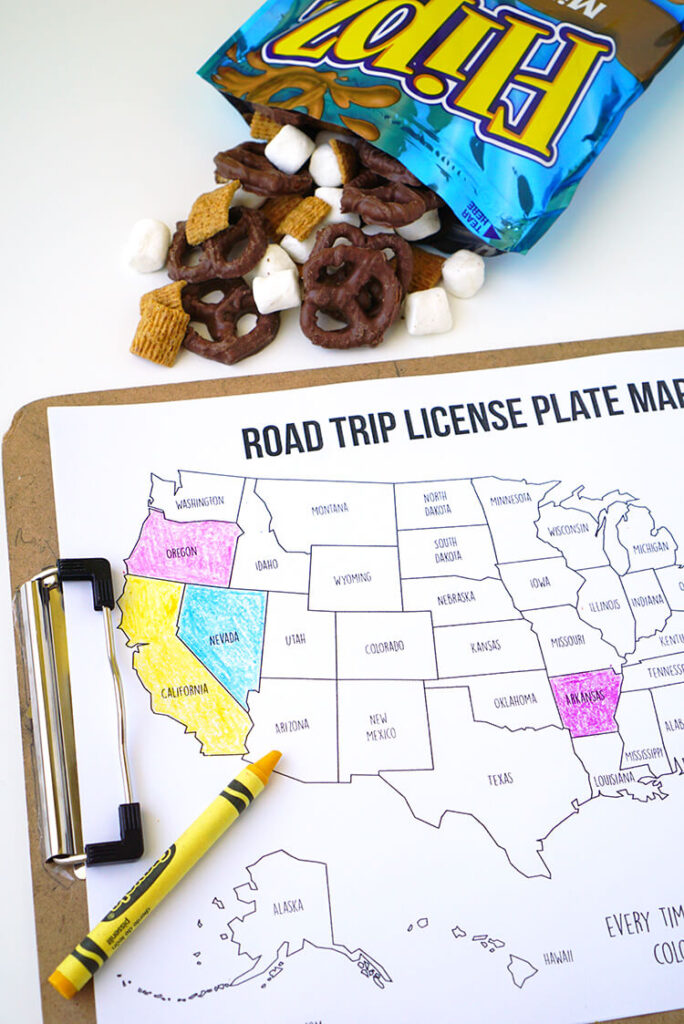 License Plate Coloring Map + S’mores Snack Mix Road Trip Games For Kids