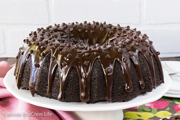Dark chocolate zucchini bundt cake drizzled with chocolate glaze and add chocolate chips