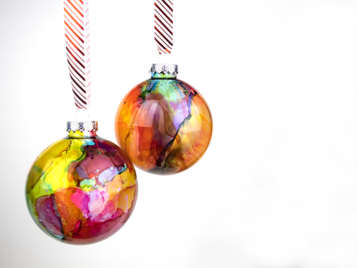 DIY Watercolor effect Christmas ornaments made with alcohol inks