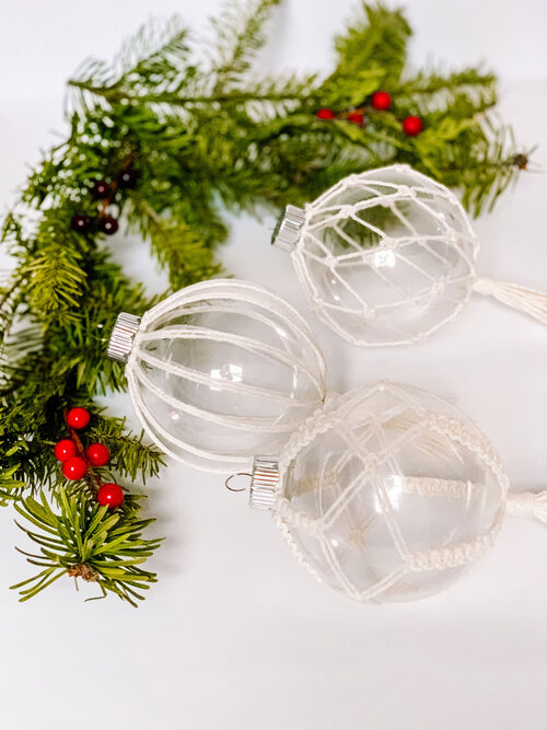 Striped ball, diamond ball, and braided ball macrame Christmas ornaments