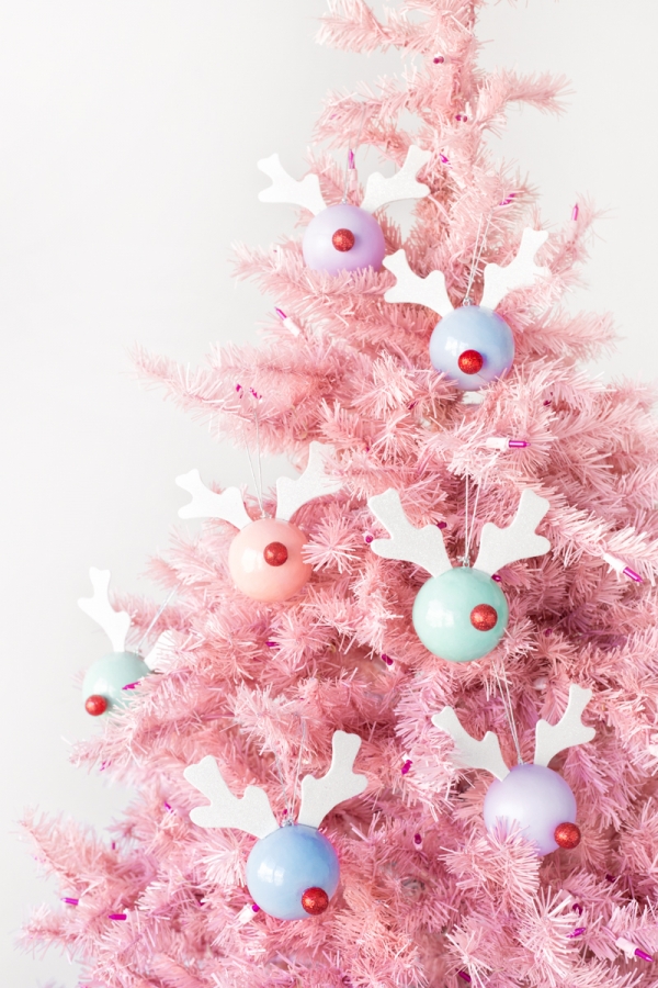 DIY Rudolph designed Christmas ornaments on a pretty pink Christmas tree