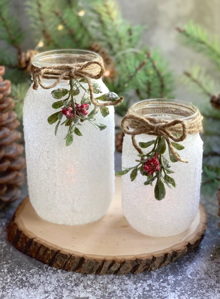 DIY Snowy Mason Jar Luminaries with epsom salt and glitter easy and simple gift