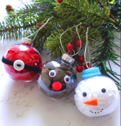 Snowman, Santa, and Reindeer yarn filled Christmas ornaments