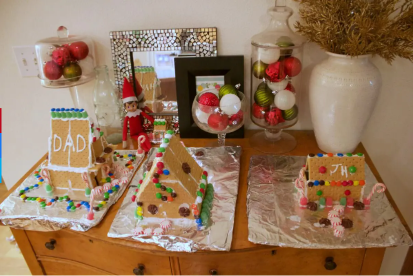 elf on the shelf making gingerbread houses 