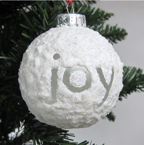 Snowball Christmas ornaments with text on it that says Joy