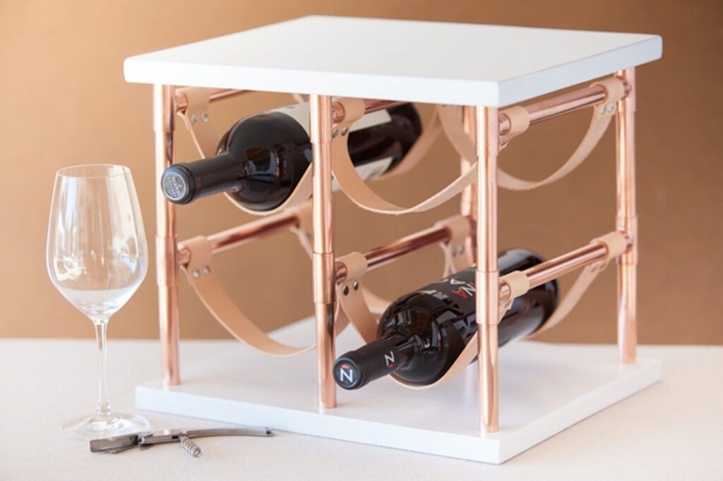Leather and copper pipe wine rack