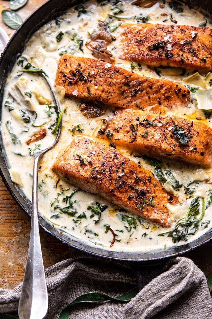 Creamy Spinach and Artichoke Salmon with garlicky browned butter and fried sage for friends and family
