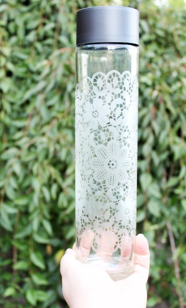 Etched glass water bottle