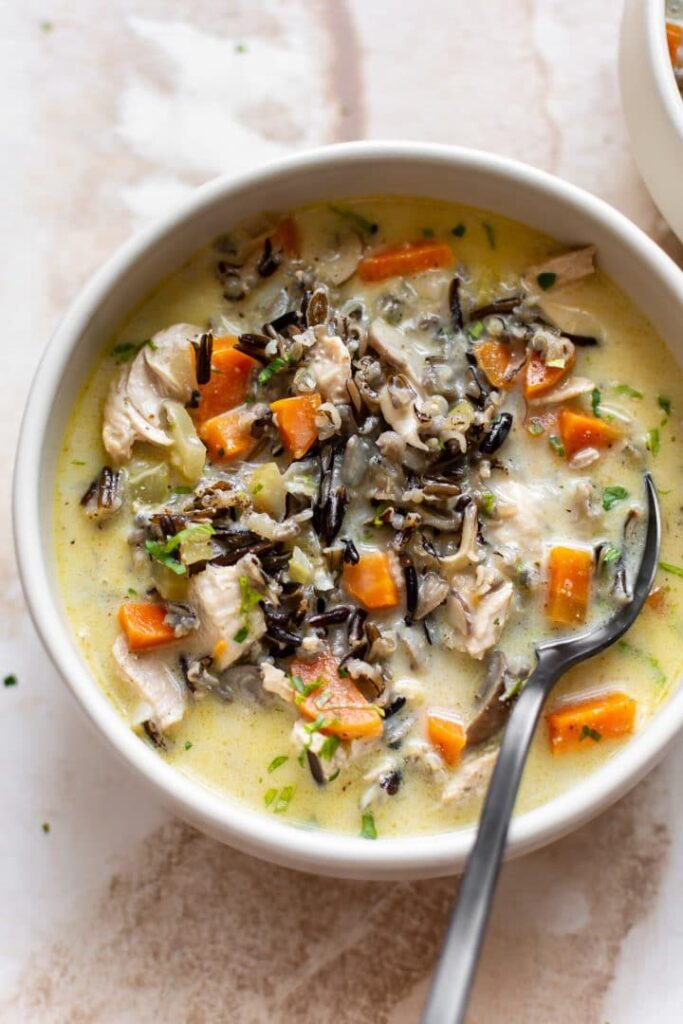 A bowl of leftover turkey wild rice soup
