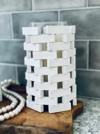 Farmhouse candle holder from tumbling towers game pieces