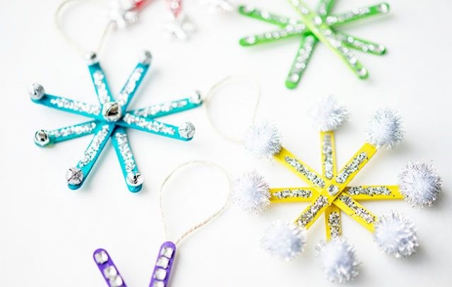 Popsicle Stick Snowflake Ornaments fun colorful simple Christmas crafts