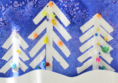 Winter Wonderland Christmas Art Tape Resist and Salt Painting