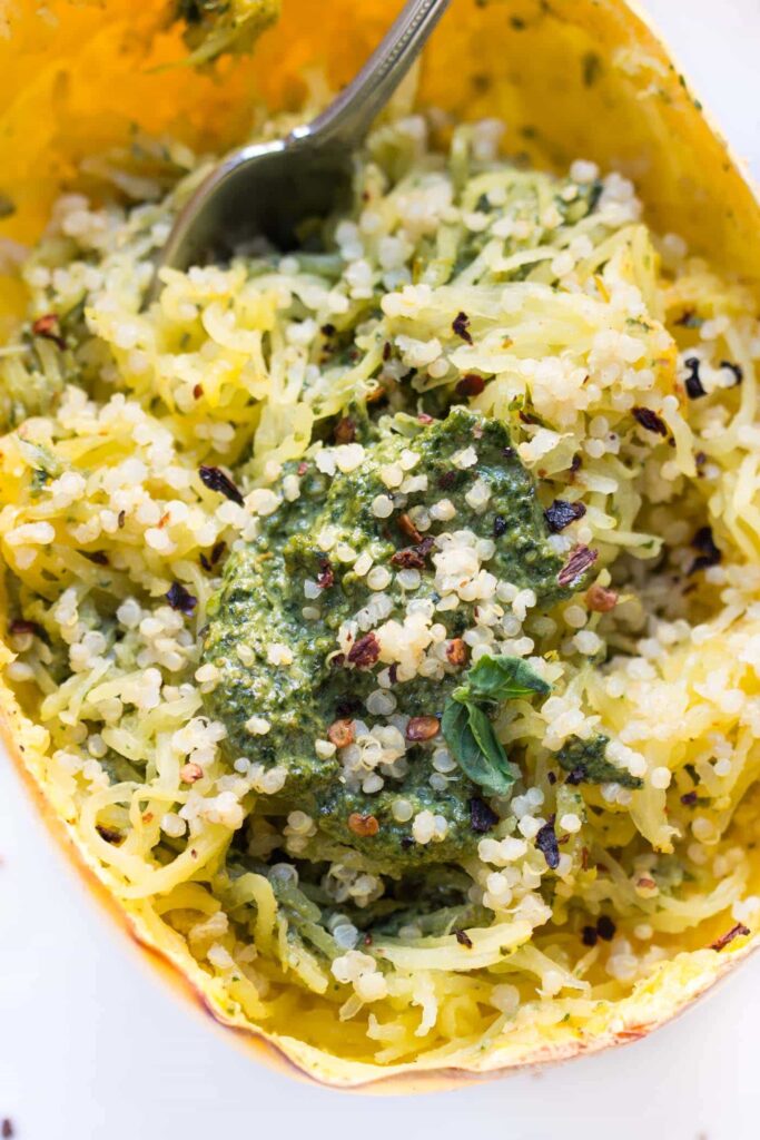 5-ingredient Pesto Spaghetti Squash Boats healthy meatless pasta recipe