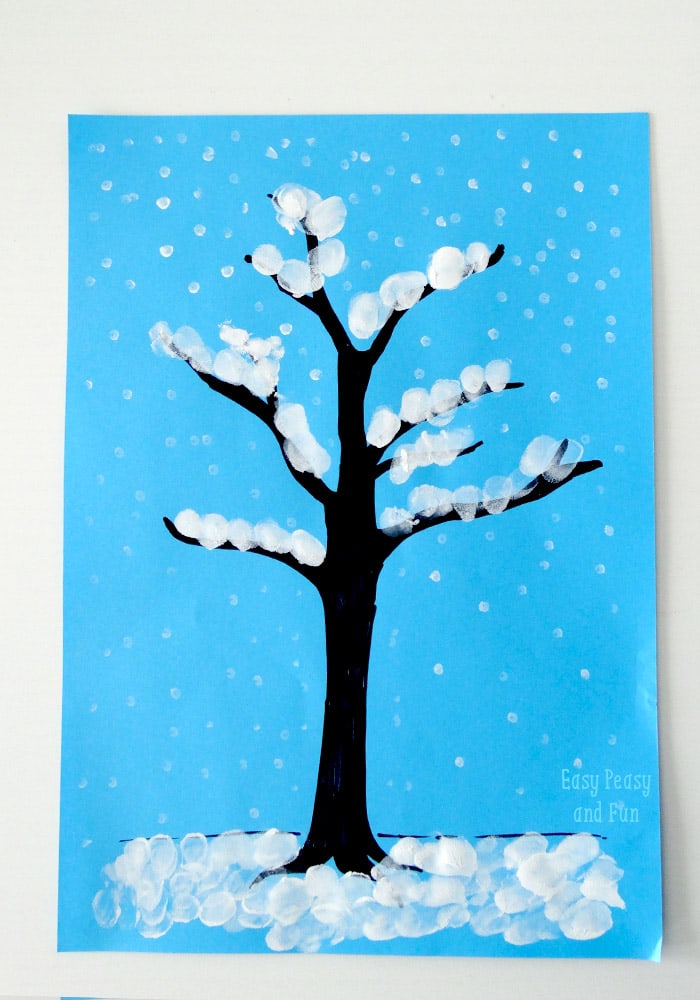 simple winter tree finger painted