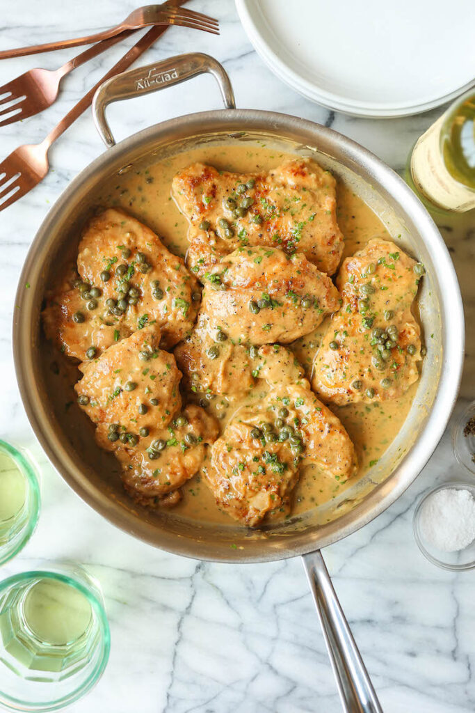 CREAMY CHICKEN PICCATA With tender, juicy chicken thighs + the most heavenly cream sauce in 30 minutes
