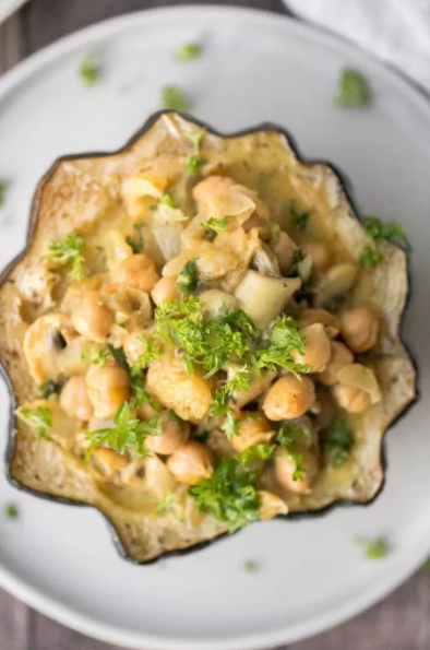 CURRIED CHICKPEA STUFFED ACORN SQUASH is a comforting and hearty recipe