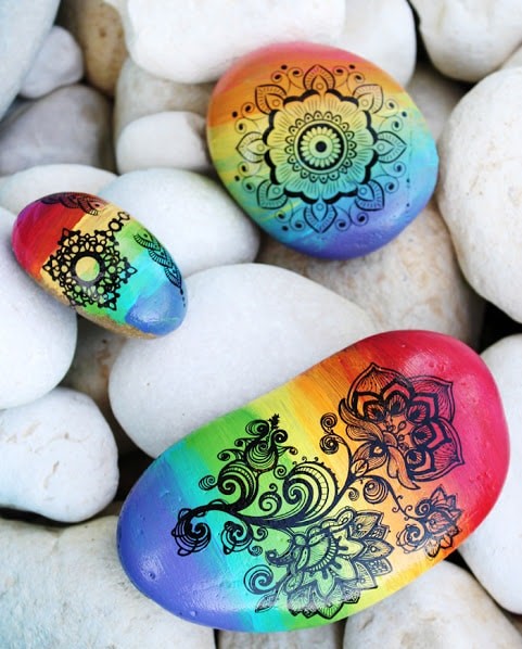 Rainbow mandala painted rocks