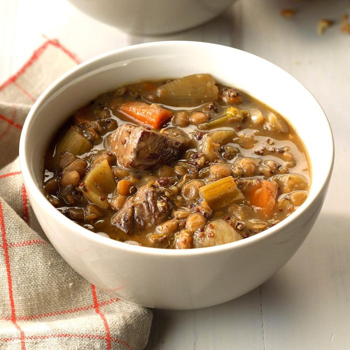 A bowl of ancient grain beef stew
