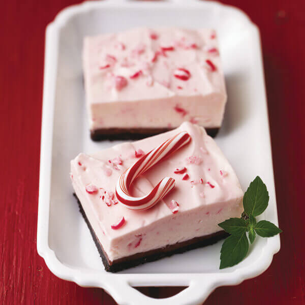Candy cane dessert squares topped with small candy cane