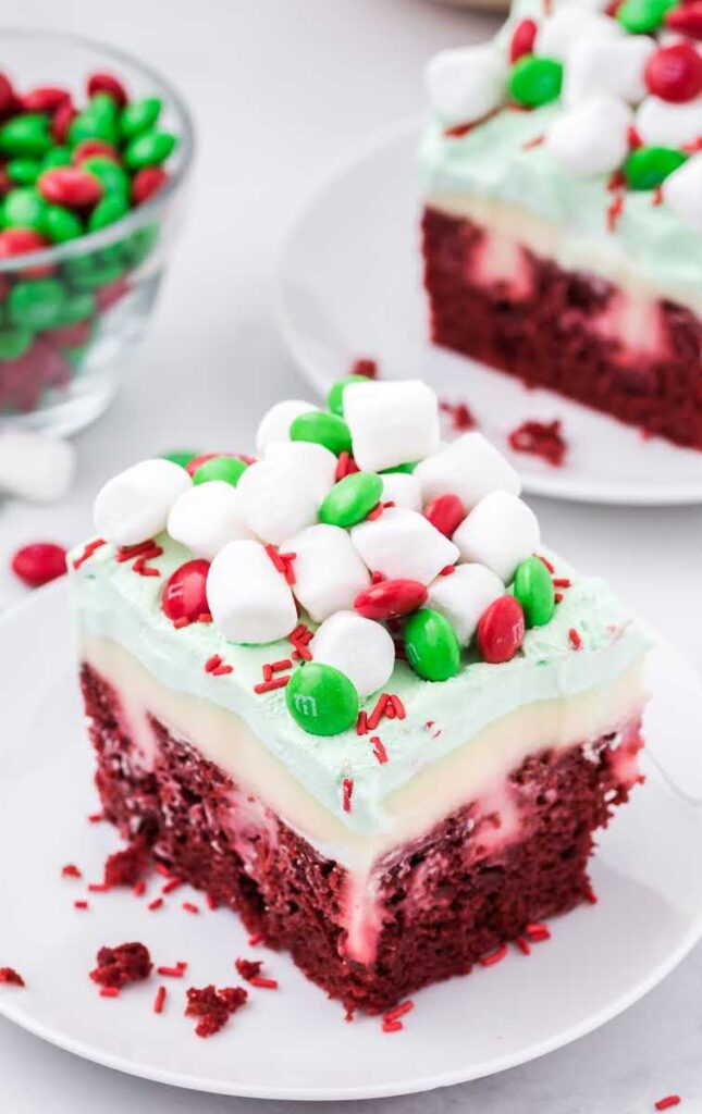 Red Velvet Poke Cake creamy pudding for the Christmas holiday 