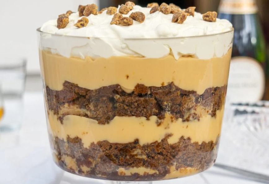 Decadent Sticky Toffee Trifle topped with chopped dates