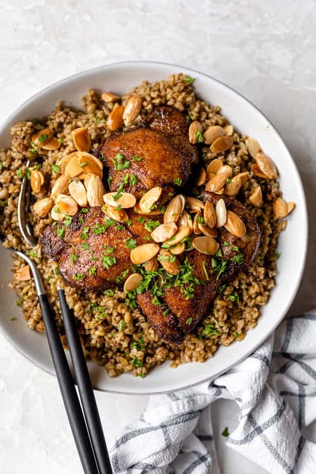 Freekeh with chicken made with the ancient grain and served with toasted nuts & herbs