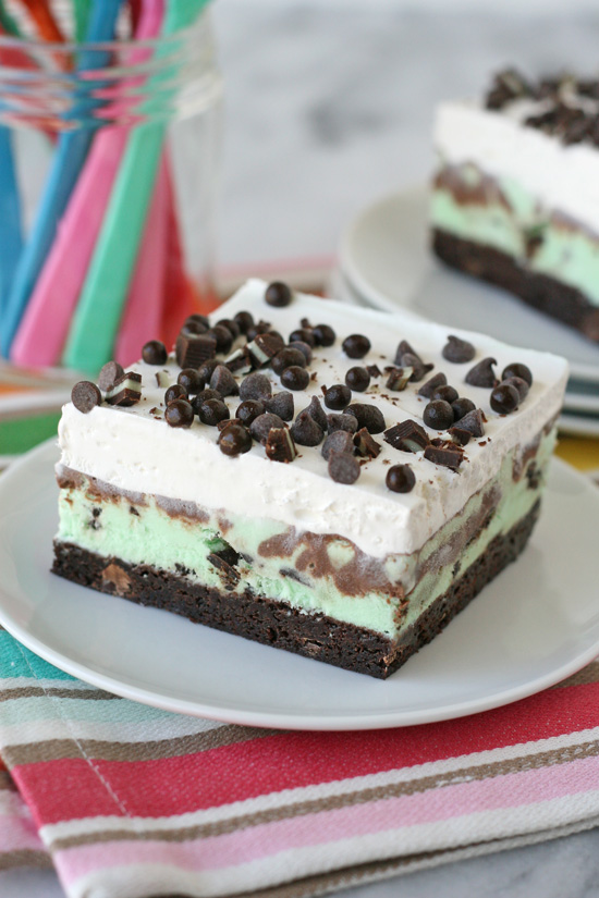 Mint Chip Brownie Ice Cream Squares garnished with mini chocolate chips
