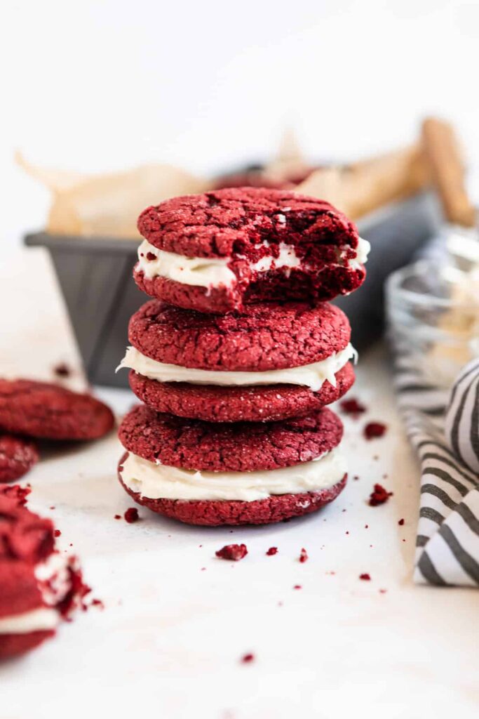 Red Velvet Cake Mix Cookie Sandwiches with rich creamy cream cheese icing