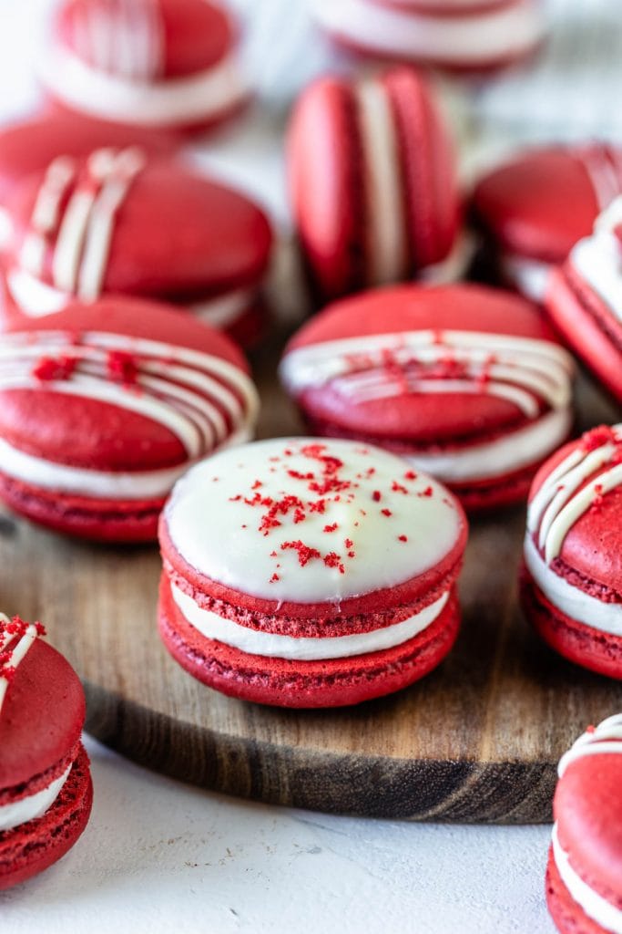 Red Velvet Macarons filled with Red Velvet Cake and Cream Cheese Frosting