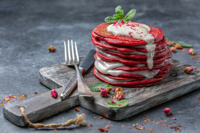 Red Velvet Pancakes Recipe with Butter Pecan Maple Syrup and Whipped Cream Cheese