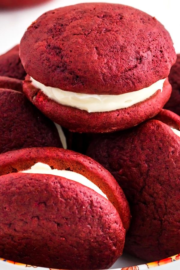 Red Velvet Whoopie Pies  filled with a dreamy cream cheese filling perfect for Valentines Day or Christmas